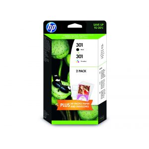 Pack de dos cartuchos HP 301 negro + HP 301 Tri-color + Papel + sobres